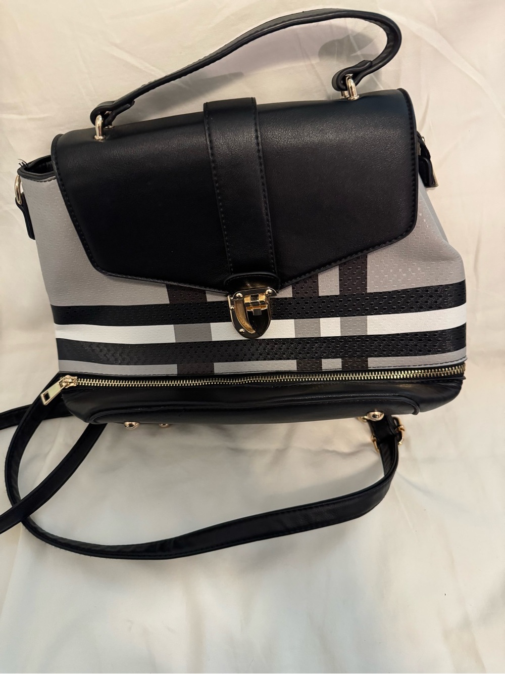 Structured Black and Gray Plaid Satchel with Gold-Tone Hardware